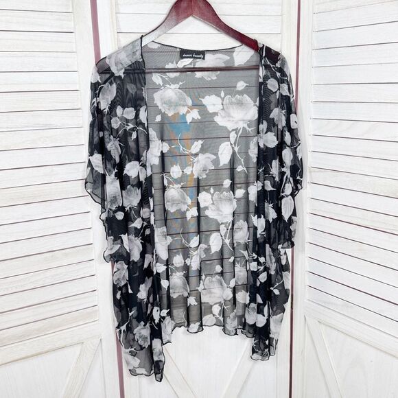 Inner Beauty Floral Sheer Mesh Kimono Topper Open Front Black White XL - Picture 7 of 11